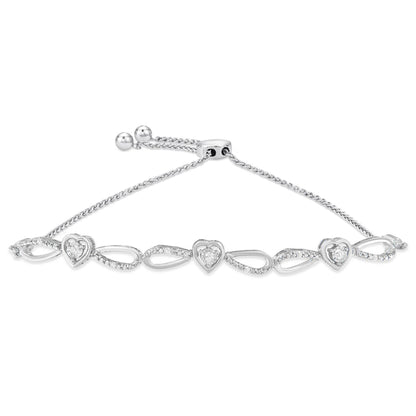 .925 Sterling Silver 1/10 Cttw Diamond Triple Heart-in-Infinity Bolo Style Adjustable Bracelet (H-I Color, I2-I3 Clarity) - Bijoux-NYC Direct