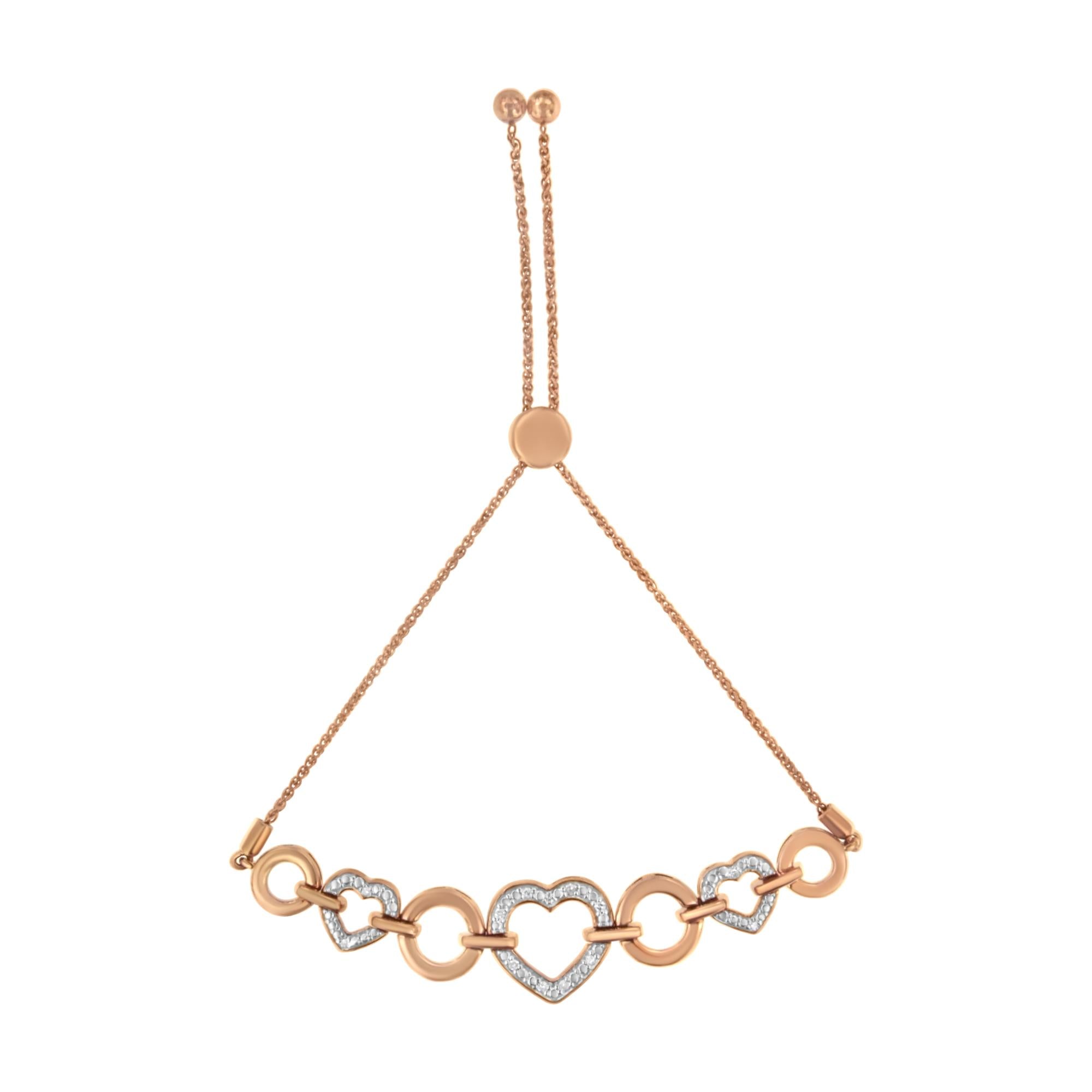 Rose gold bracelet with heart-shaped links on a white background
