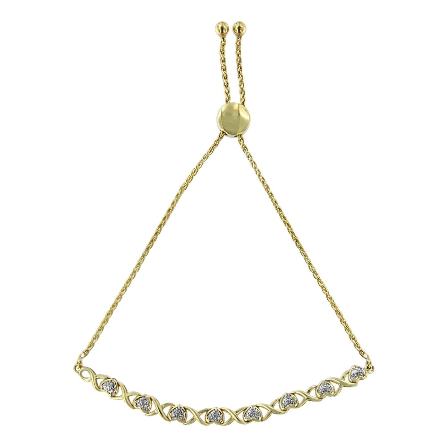 10K Yellow Gold over .925 Sterling Silver 1/10 Cttw Diamond Heart and X-Link 6”-9” Adjustable Bolo Bracelet (H-I Color, I2-I3 Clarity) - Bijoux-NYC Direct