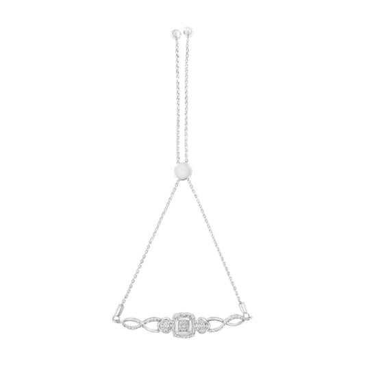 .925 Sterling Silver Diamond Cushion Frame Heart-Sides Twist 4”-10” Adjustable Bolo Tennis Bolo Bracelet (I-J Color, I3 Clarity) - Bijoux-NYC Direct