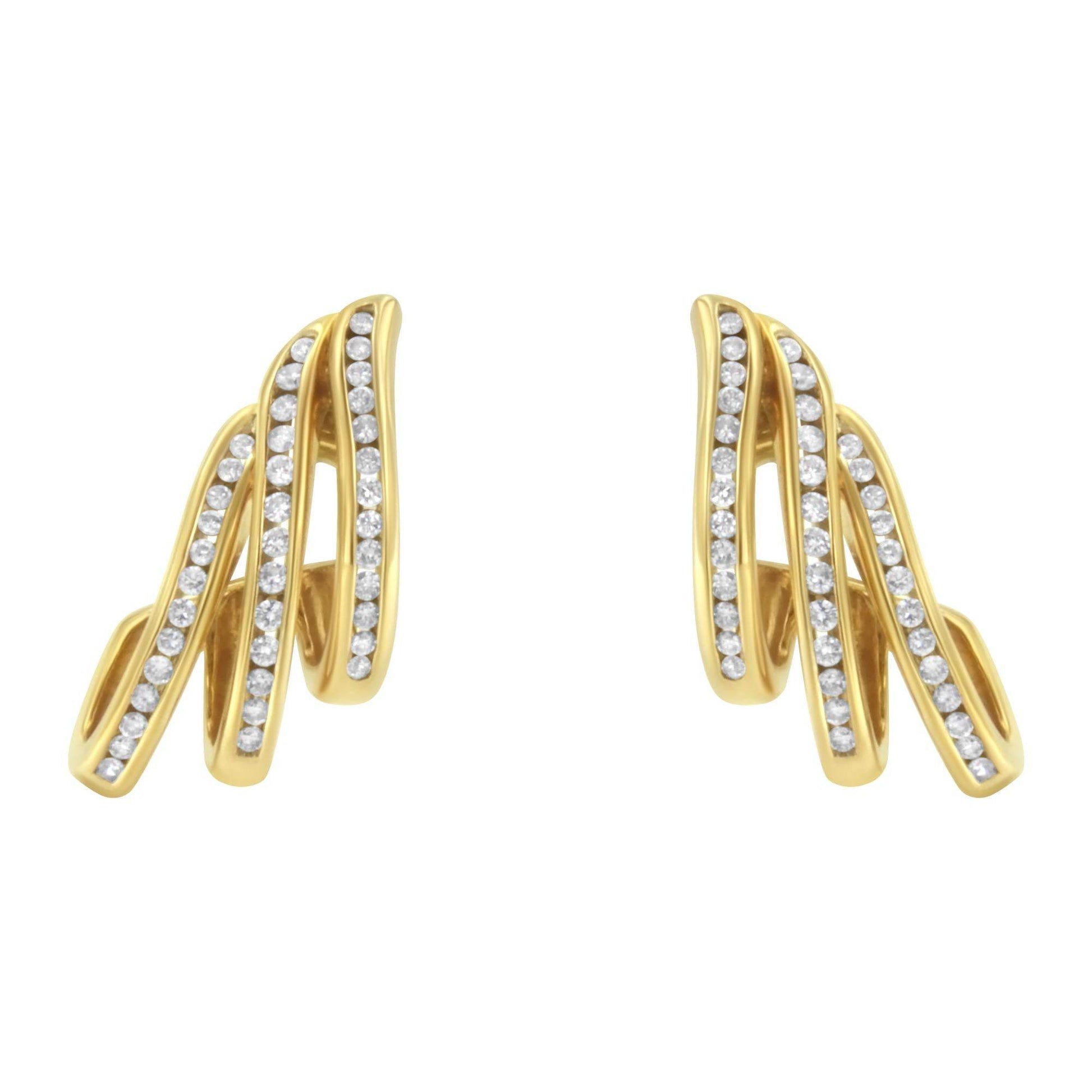 10K Yellow Gold 1.0 Cttw Round Brilliant Cut Diamond Spiral Multi Row Channel Set Open Hoop Pushback Stud Earrings (H-I Color, I1-I2 Clarity) - Bijoux-NYC Direct