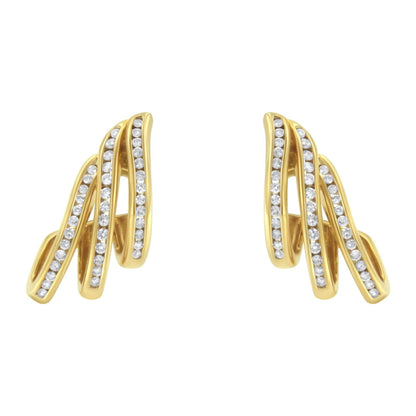 10K Yellow Gold 1.0 Cttw Round Brilliant Cut Diamond Spiral Multi Row Channel Set Open Hoop Pushback Stud Earrings (H-I Color, I1-I2 Clarity) - Bijoux-NYC Direct