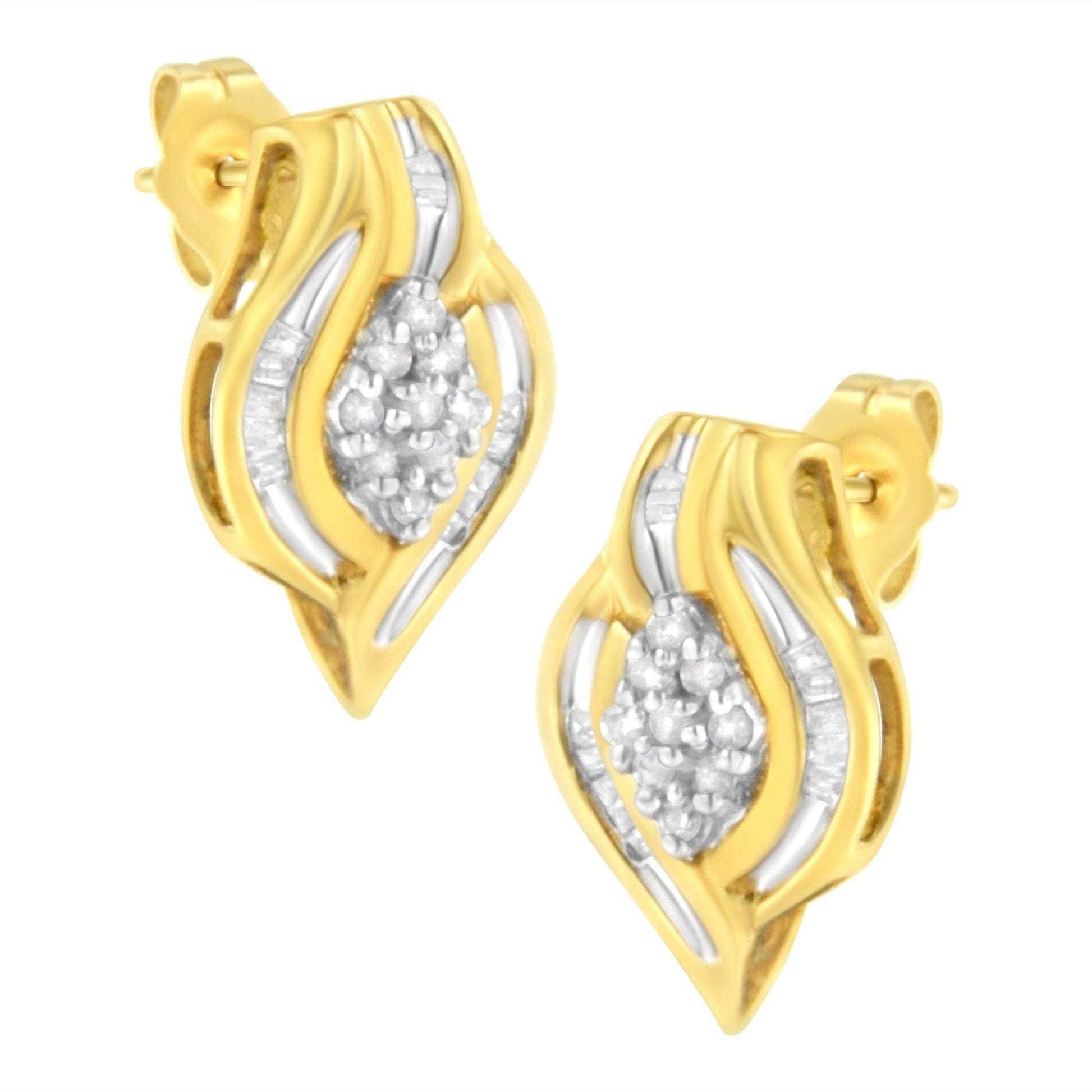 10K Yellow Gold 1/3 cttw Round-Cut Diamond Cluster and Swirl Stud Earrings (J-K Clarity, I2-I3 Color) - Bijoux-NYC Direct
