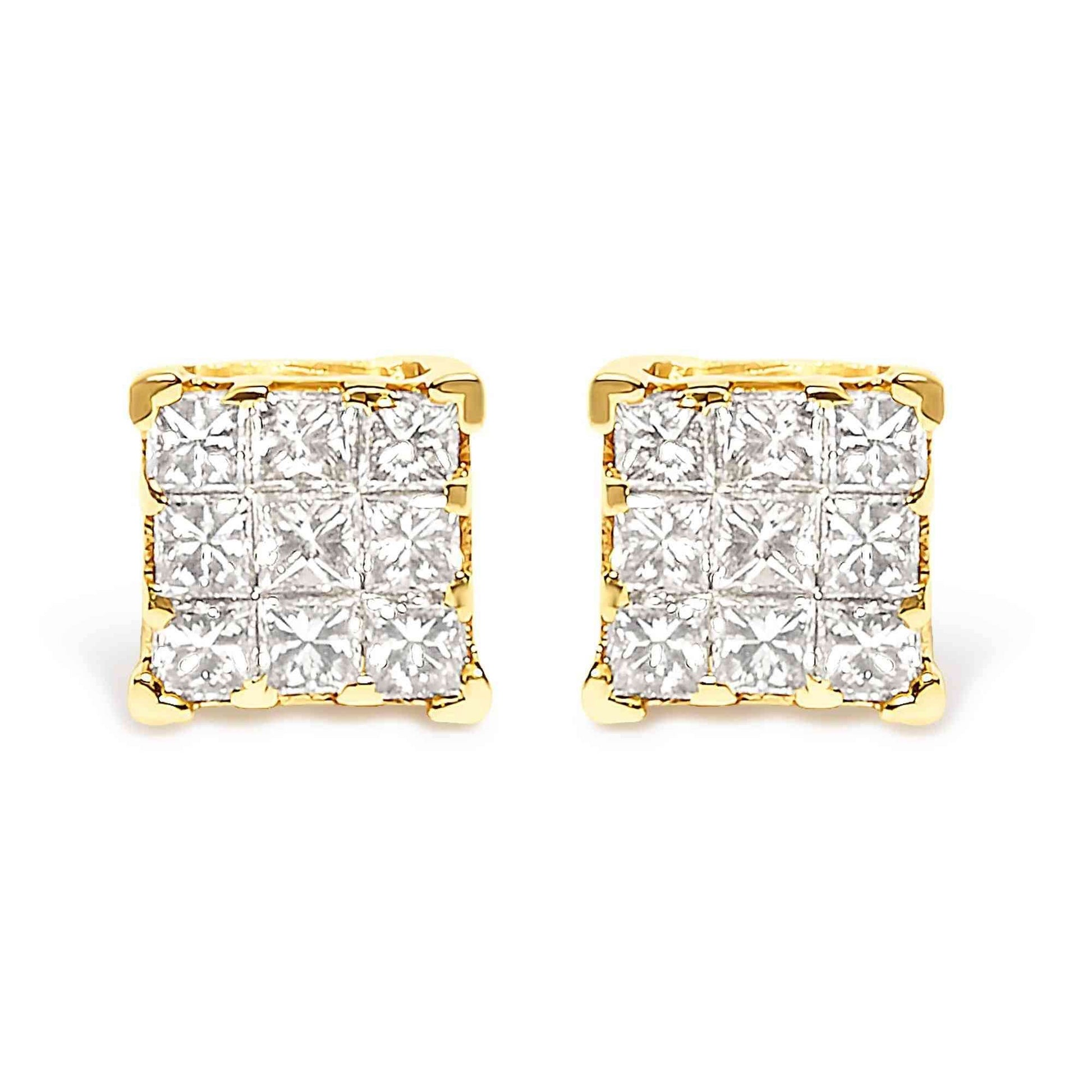 14K Yellow Gold 1/2 Cttw Invisible Set Princess-Cut Diamond 9 Stone Square Stud Earrings (J-K Color, SI2-I1 Clarity) - Bijoux-NYC Direct
