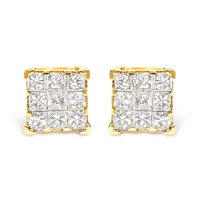 14K Yellow Gold 1/2 Cttw Invisible Set Princess-Cut Diamond 9 Stone Square Stud Earrings (J-K Color, SI2-I1 Clarity) - Bijoux-NYC Direct
