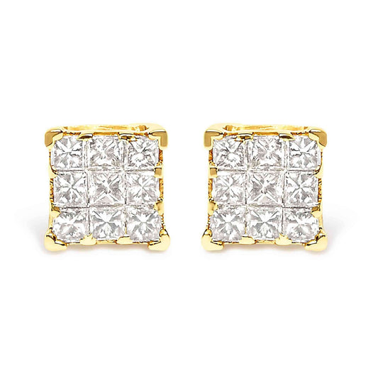 14K Yellow Gold 1/2 Cttw Invisible Set Princess-Cut Diamond 9 Stone Square Stud Earrings (J-K Color, SI2-I1 Clarity) - Bijoux-NYC Direct
