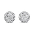 Pair of round diamond earrings on a white background