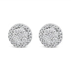 Pair of round diamond earrings on a white background