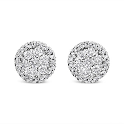 14K White Gold 1.0 Cttw Brilliant-Cut Diamond Halo-Style Cluster Round Button Stud Earrings (H-I Color, I1-I2 Clarity) - Bijoux-NYC Direct