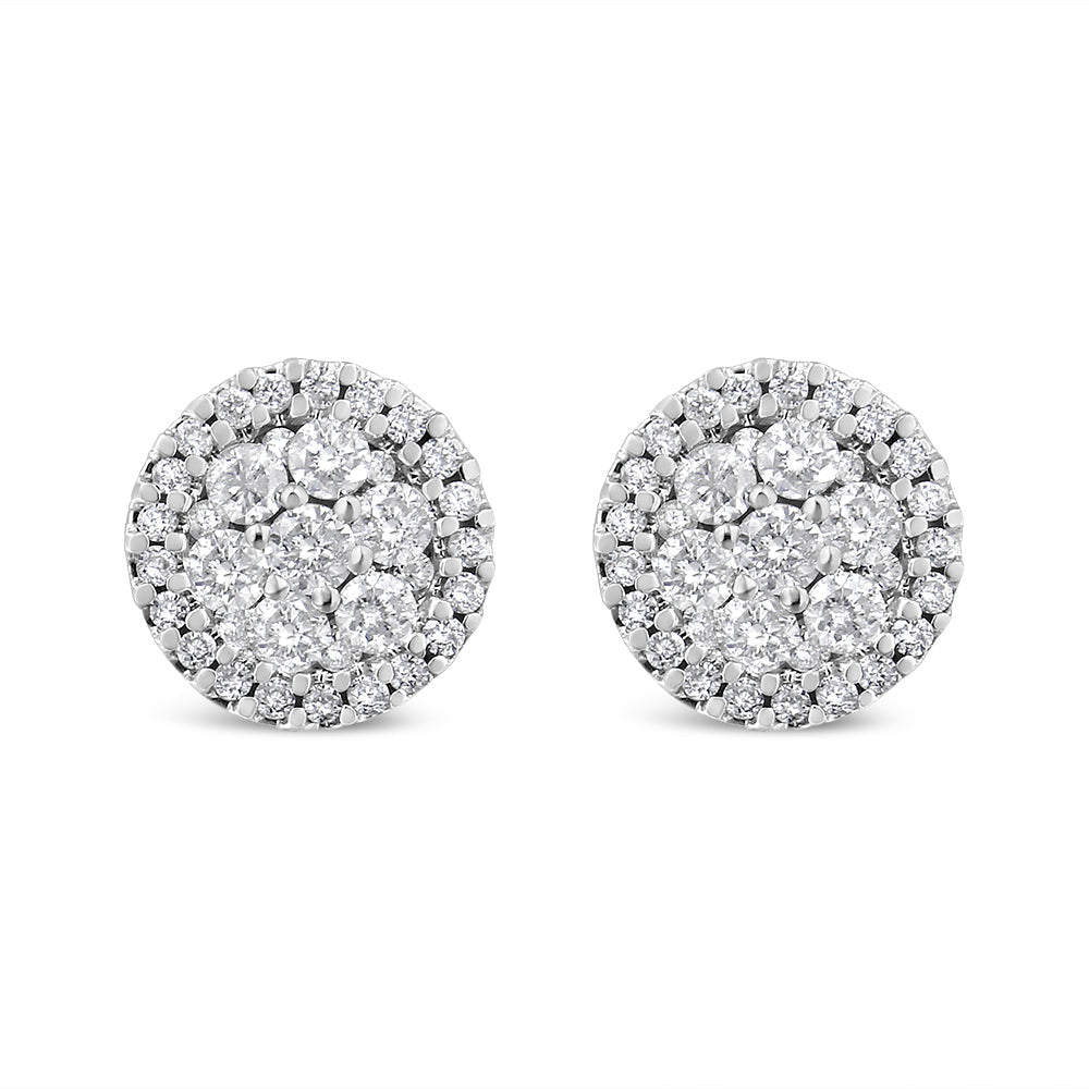 Round-Cut Natural Diamond Halo Cluster Button Stud Earrings in 14K White Gold (G-H, I1–I2) – 1.0 Cttw, AGS Certified