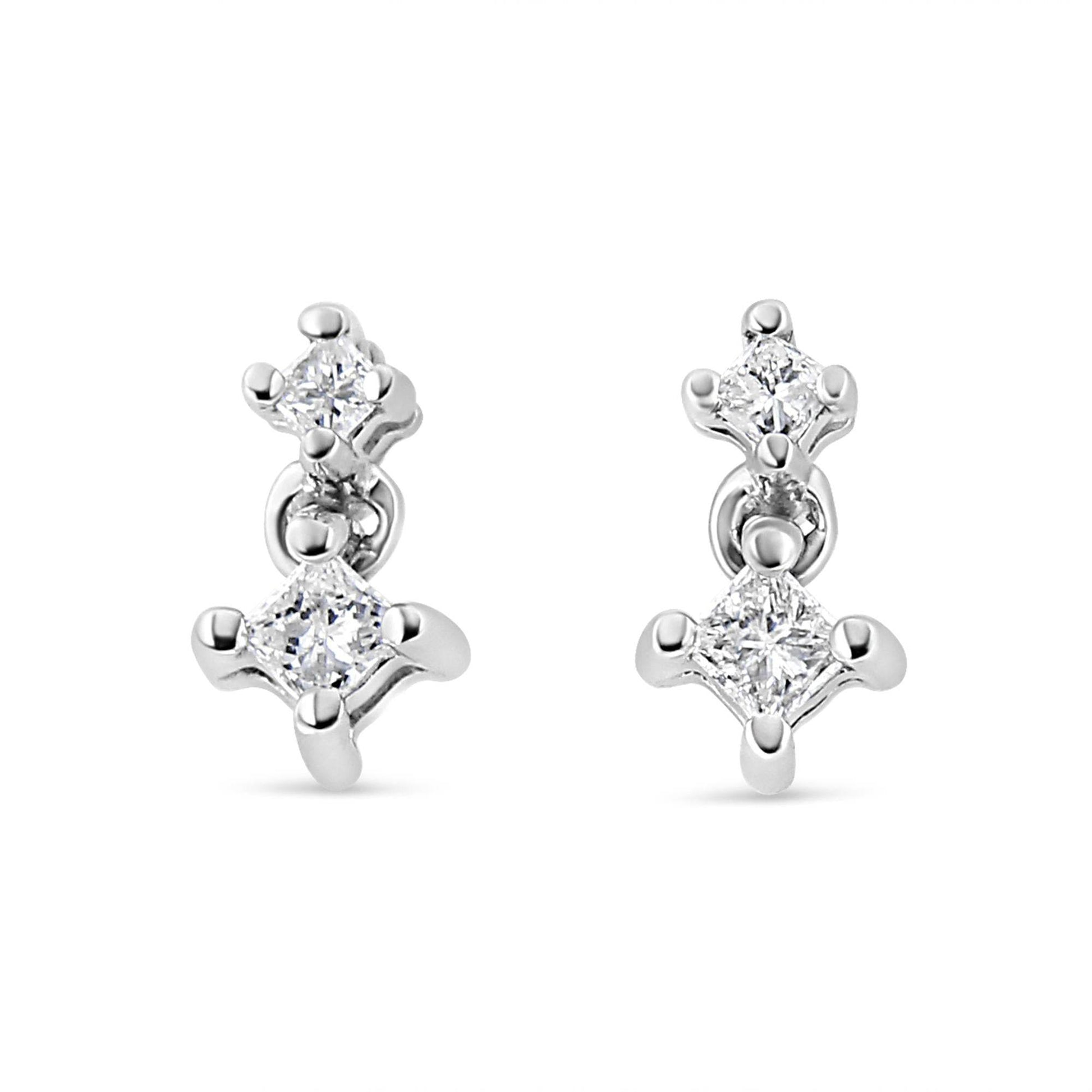 14K White Gold 1/4 Cttw 4 Prong Set Princess-Cut Double Diamond Drop and Dangle Stud Earrings (I-J Color, I2-I3 Clarity) - Bijoux-NYC Direct
