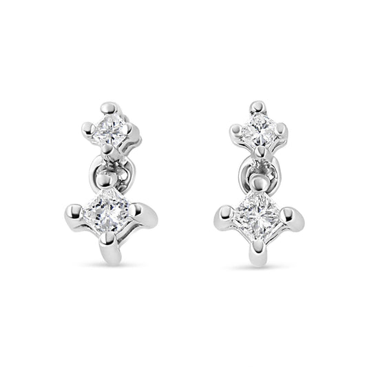 14K White Gold 1/4 Cttw 4 Prong Set Princess-Cut Double Diamond Drop and Dangle Stud Earrings (I-J Color, I2-I3 Clarity) - Bijoux-NYC Direct