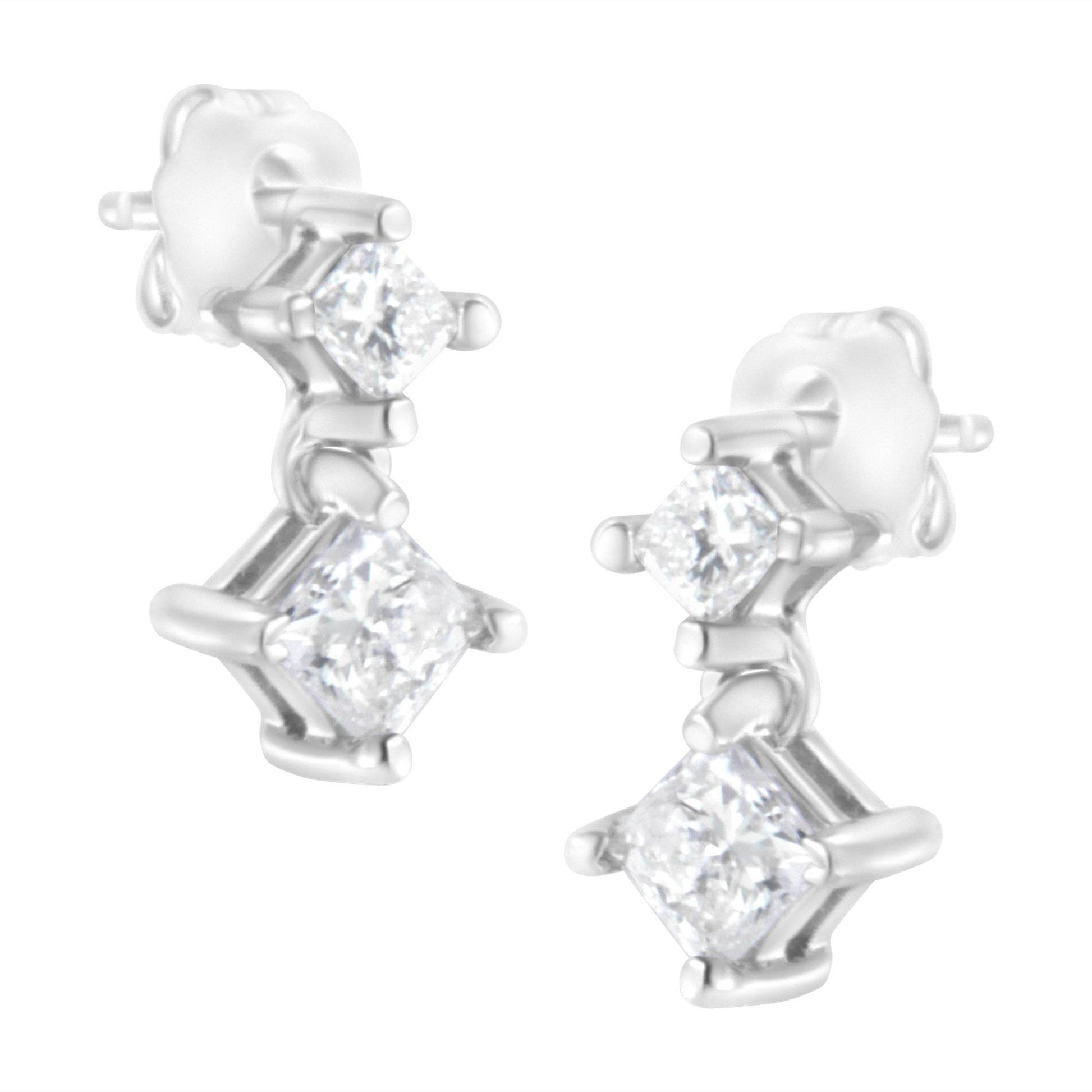 14K White Gold 3/4 cttw Double Diamond Princess-Cut Stud Earrings (I-J Clarity, I2-I3 Color) - Bijoux-NYC Direct