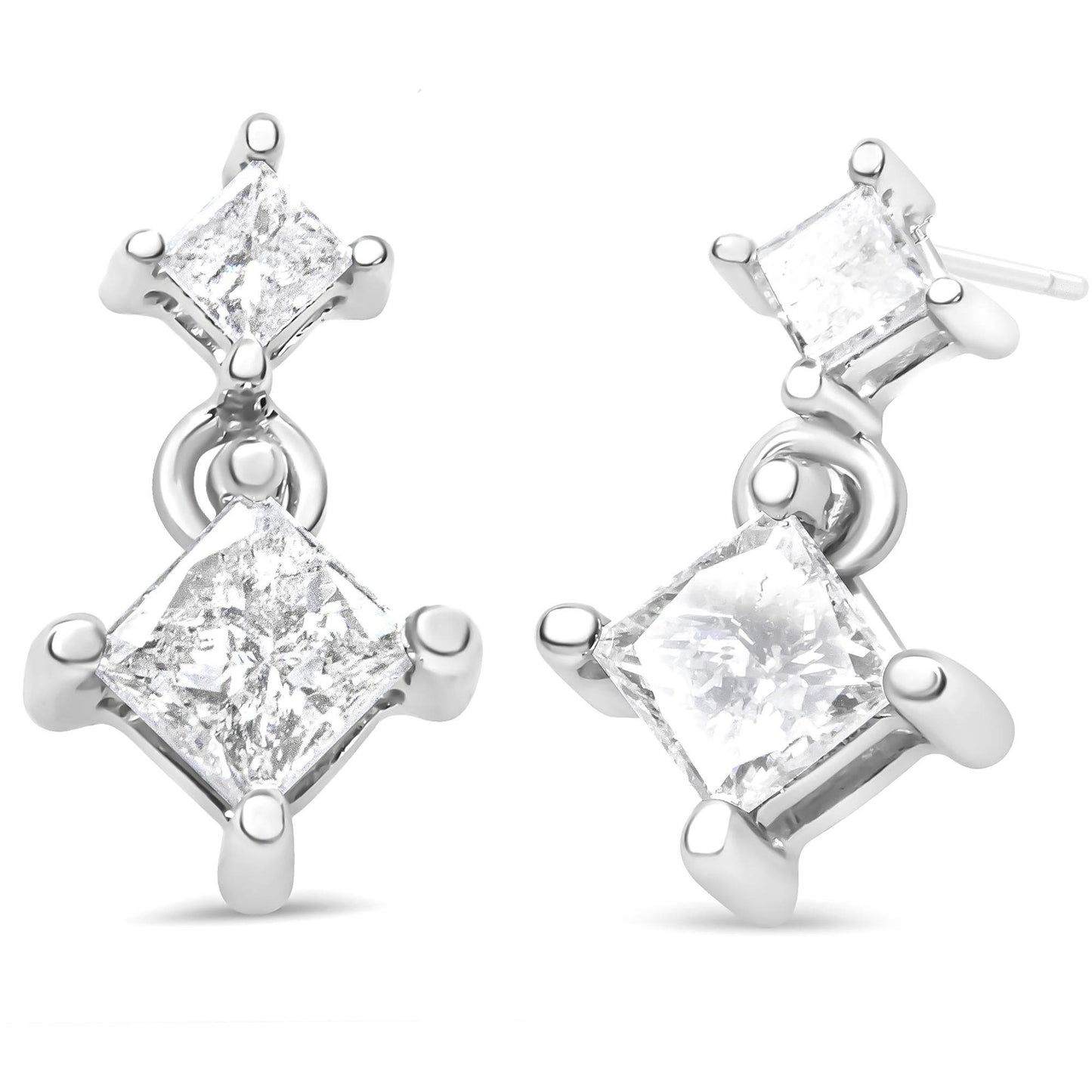 14K White Gold 1.0 Cttw Princess-Cut Double Diamond Drop Stud Earrings for Women (H-I Color, I1-I2 Clarity) - Bijoux-NYC Direct