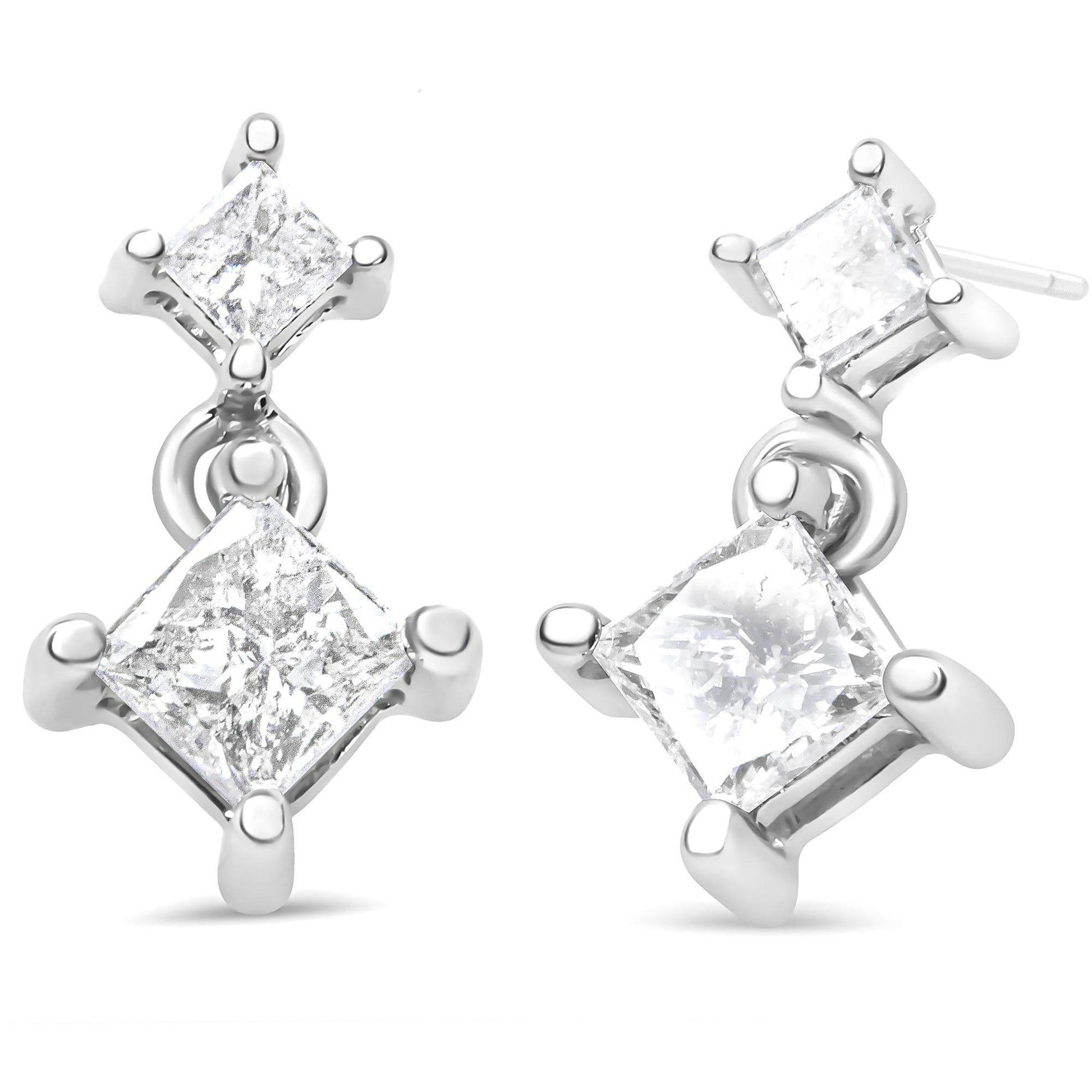 14K White Gold 1.0 Cttw Princess-Cut Double Diamond Drop Stud Earrings for Women (H-I Color, I1-I2 Clarity) - Bijoux-NYC Direct