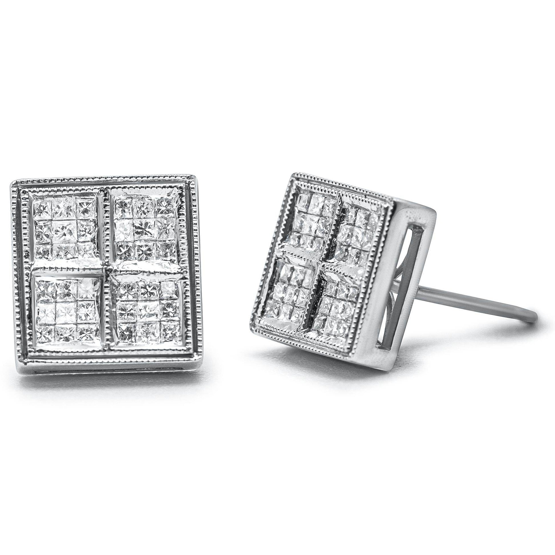 14K White Gold 1/2 Cttw Princess Diamond Composite Box Shape Milgrain Stud Earrings (H-I Color, SI1-SI2 Clarity) - Bijoux-NYC Direct