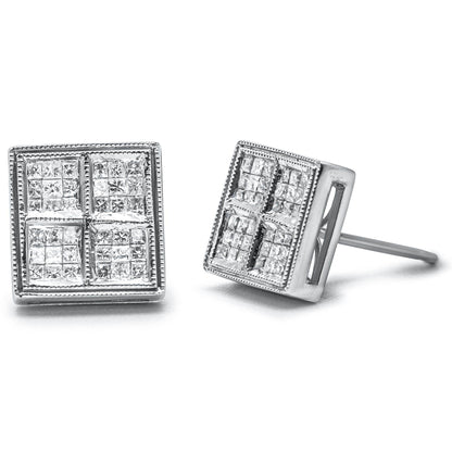 14K White Gold 1/2 Cttw Princess Diamond Composite Box Shape Milgrain Stud Earrings (H-I Color, SI1-SI2 Clarity) - Bijoux-NYC Direct