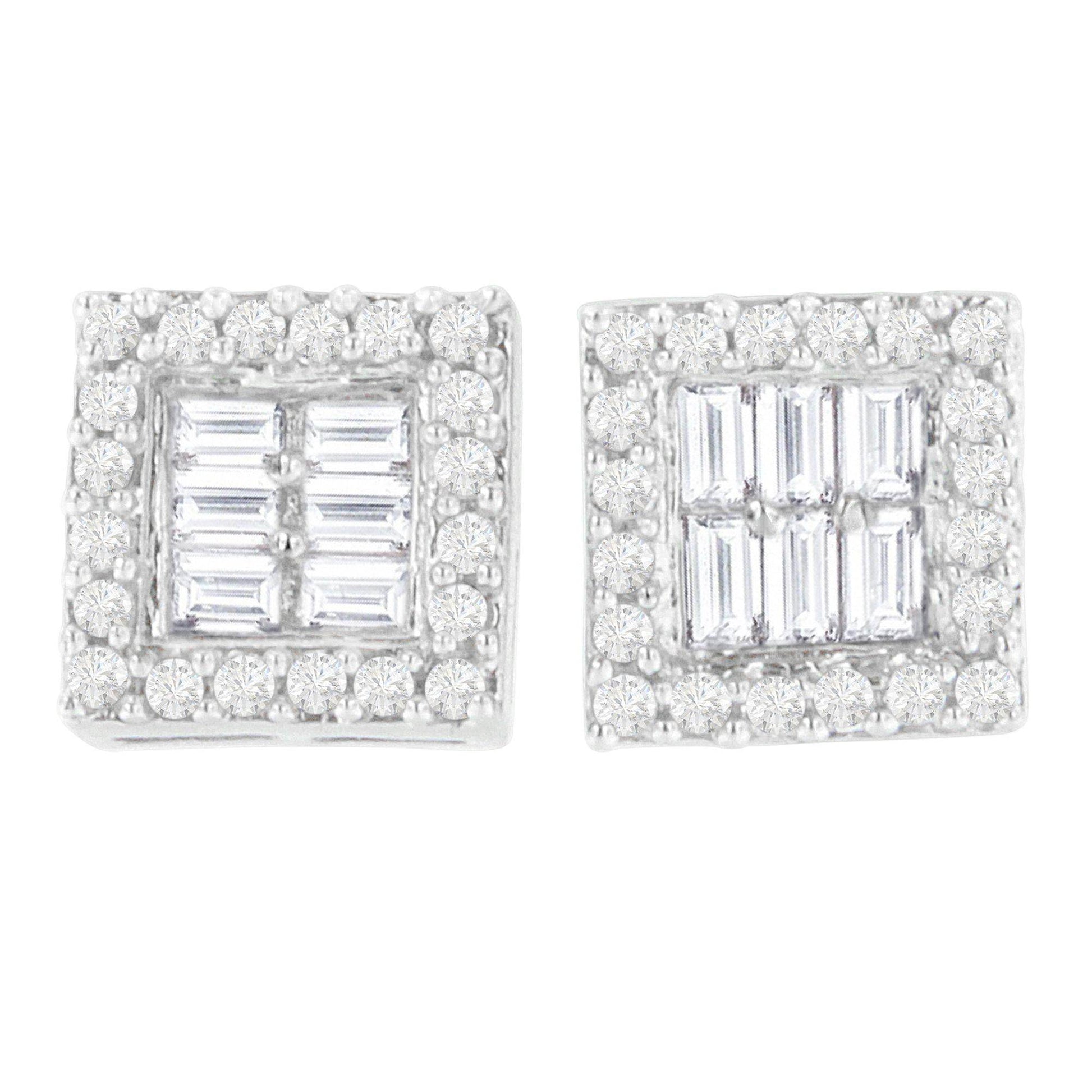 14K White Gold 1 cttw Round and Baguette Diamond Stud Earrings (H-I, SI1-SI2) - Bijoux-NYC Direct