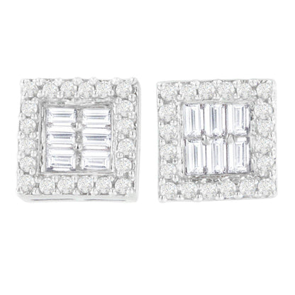 14K White Gold 1 cttw Round and Baguette Diamond Stud Earrings (H-I, SI1-SI2) - Bijoux-NYC Direct