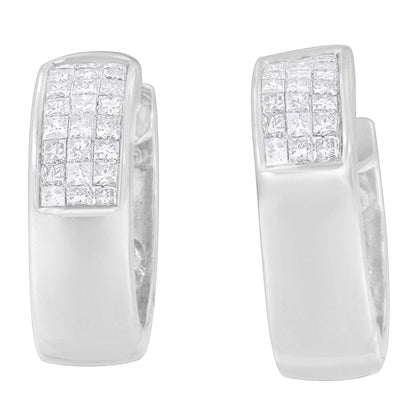 14K White Gold 1 1/8 cttw Princess and Round Cut Diamond Huggie Earrings (H-I, VS1-VS2) - Bijoux-NYC Direct