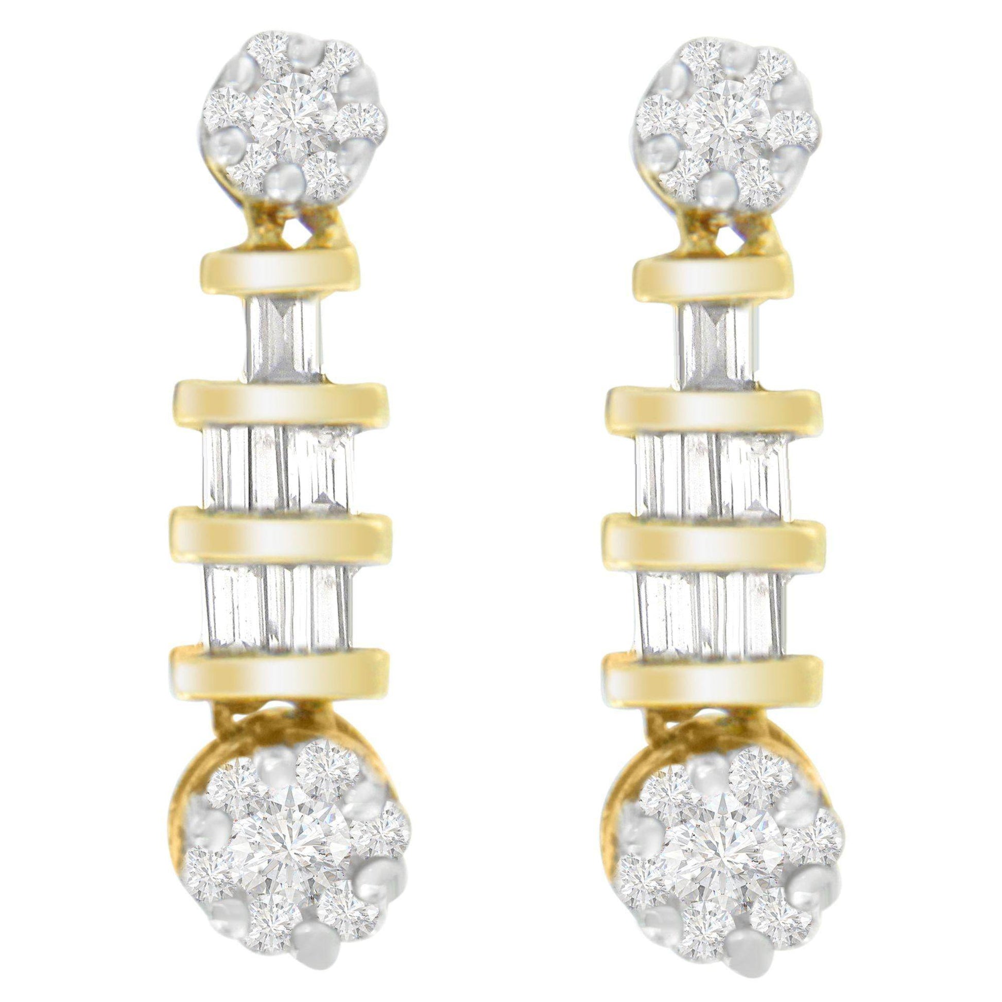 14K Yellow Gold 3/4ct. TDW Round and Baguette-cut Diamond Earrings(H-I,SI1-SI2) - Bijoux-NYC Direct