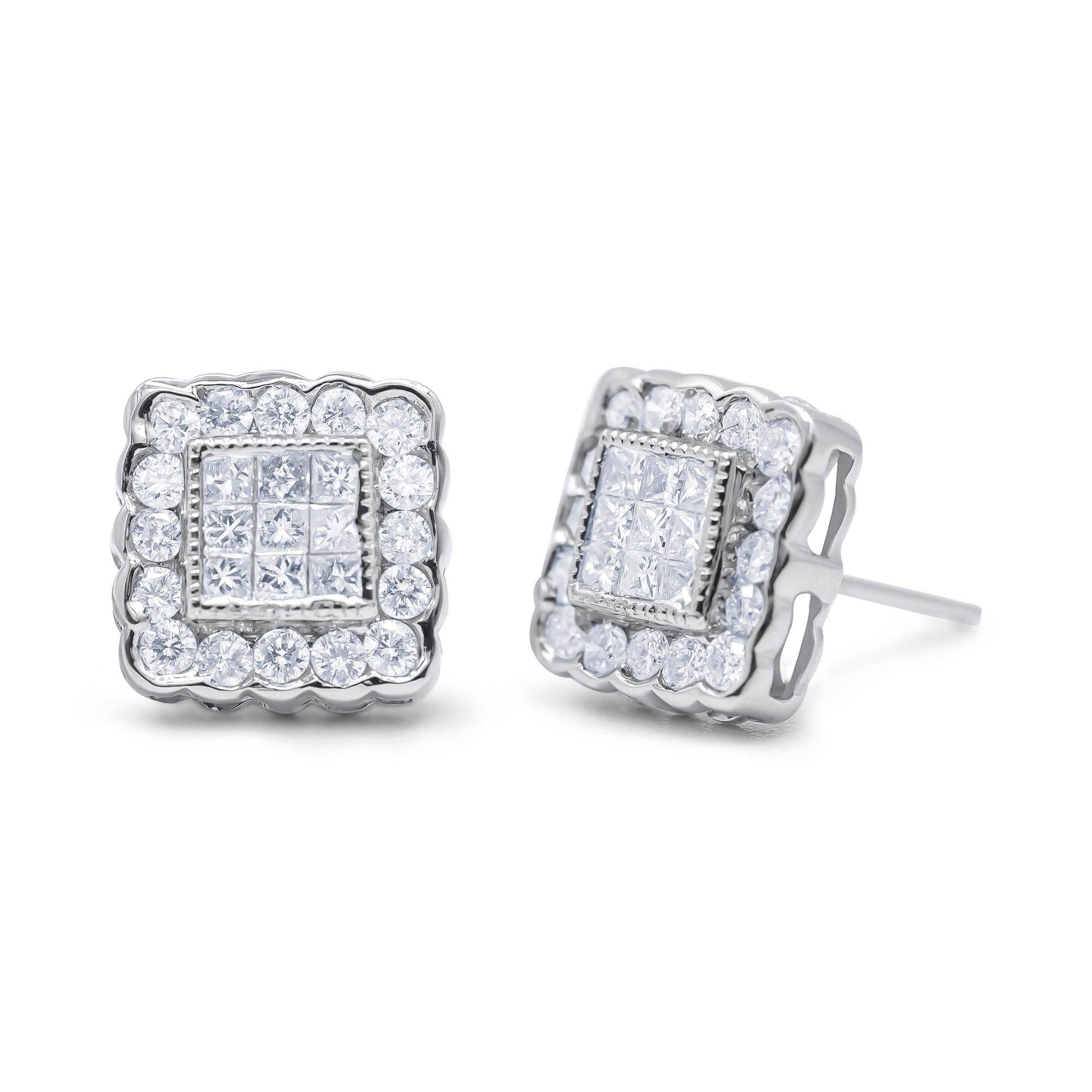 14K White Gold 1.0 Cttw Round Brilliant & Princess Cut Diamond Scallop-Edge Framed Square Halo Stud Earrings (G-H Color, SI1-SI2 Clarity) - Bijoux-NYC Direct