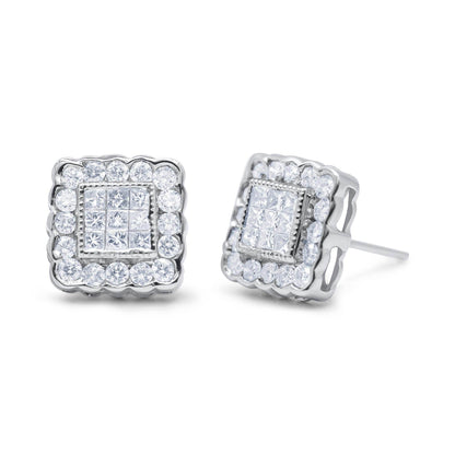 14K White Gold 1.0 Cttw Round Brilliant & Princess Cut Diamond Scallop-Edge Framed Square Halo Stud Earrings (G-H Color, SI1-SI2 Clarity) - Bijoux-NYC Direct