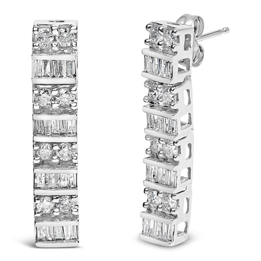 14K White Gold 1 1/3 Cttw Alternating Round And Baguette Diamond Drop Earrings (H-I Color, SI2-I1 Clarity)