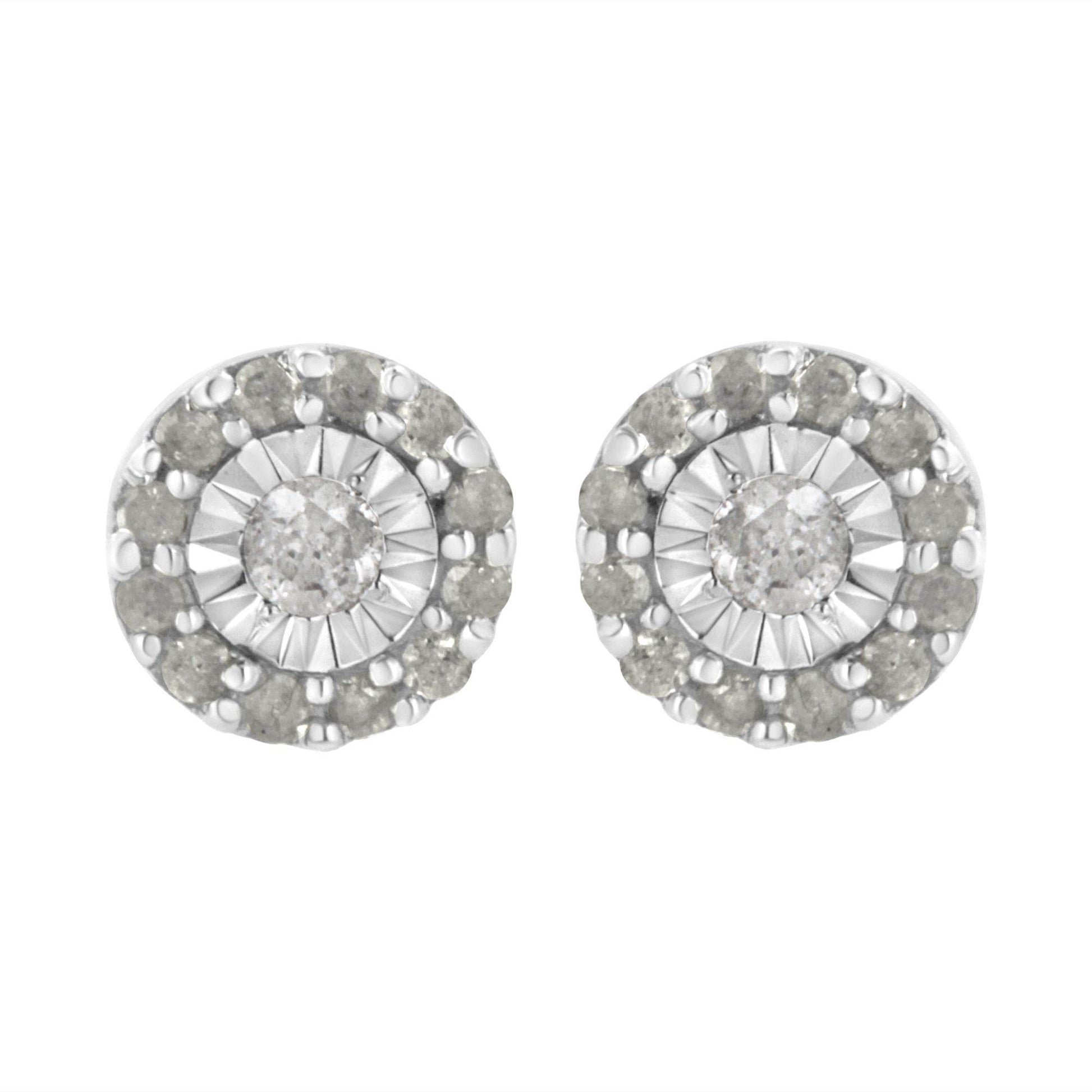 .925 Sterling Silver 1/2 cttw Miracle-Set Round Diamond Halo Stud Earrings (I-J Clarity, I3 Color) - Bijoux-NYC Direct