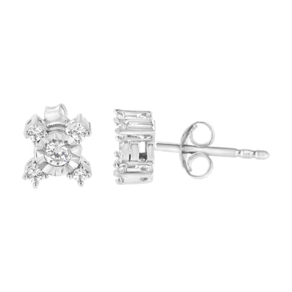 .925 Sterling Silver 1/4 Cttw Miracle Plate Set Round and Princess-Cut Diamond "X" Shaped Stud Earrings (I-J Color, I2-I3 Clarity) - Bijoux-NYC Direct