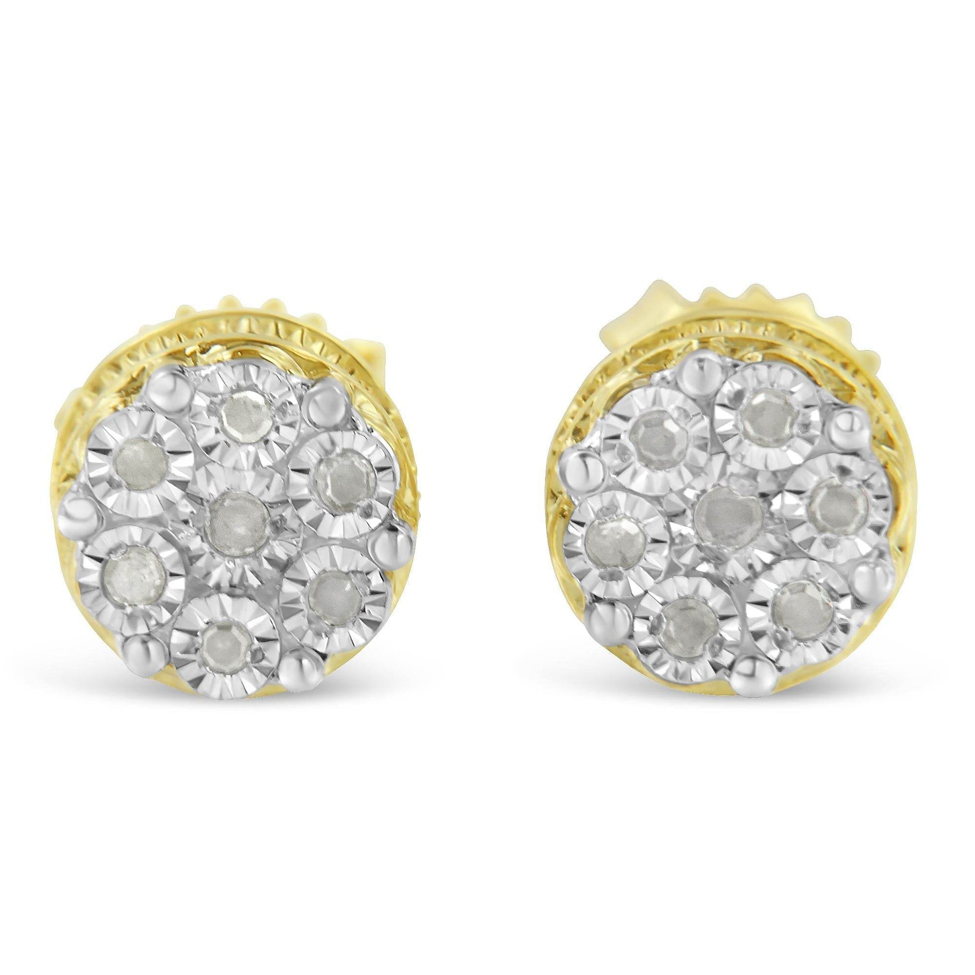 10K Yellow Gold over .925 Sterling Silver 1/7 Cttw Rose-Cut Miracle-Set Diamond Floral Cluster Button Stud Earrings (I-J Color, I3 Clarity) - Bijoux-NYC Direct