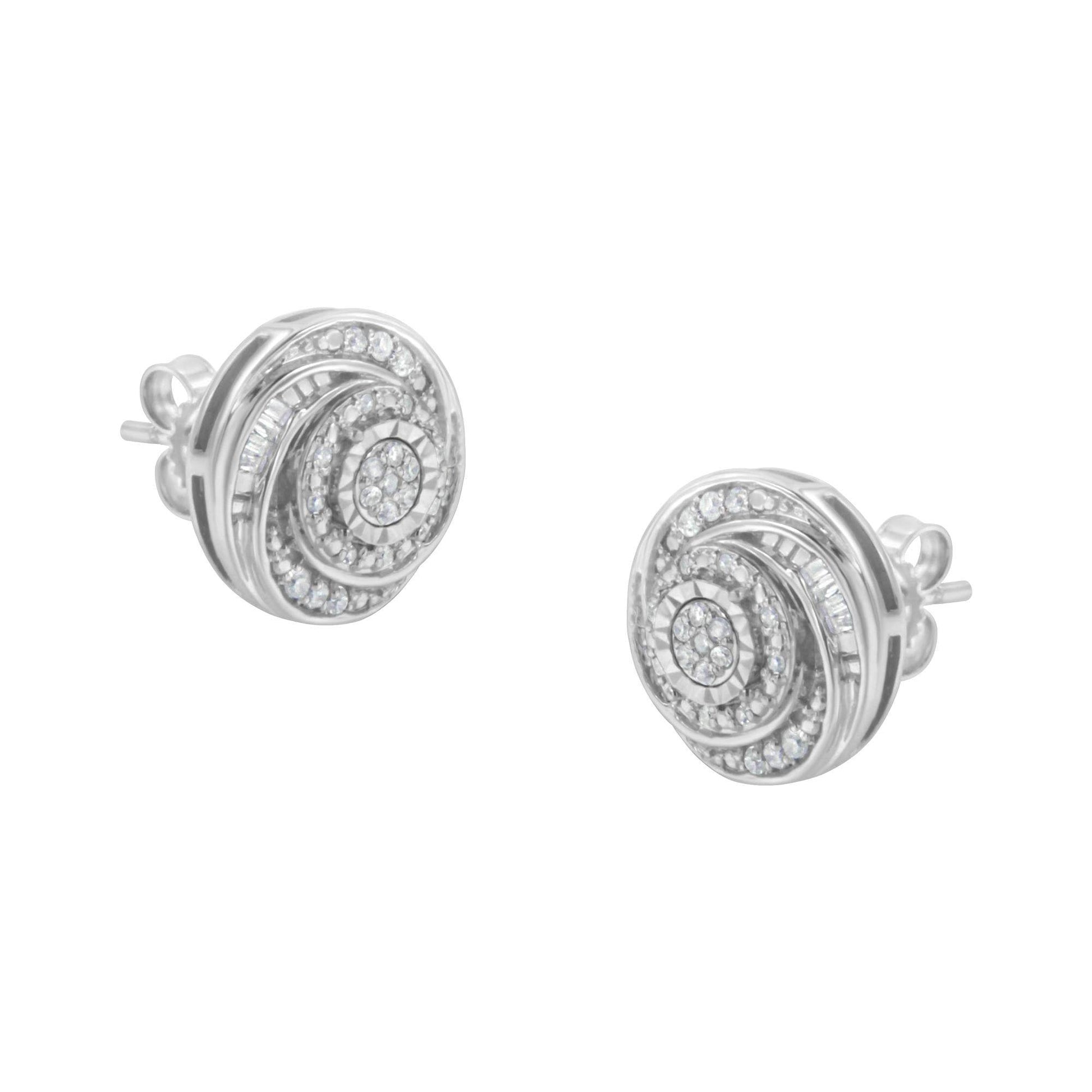 .925 Sterling Silver 1/4 Cttw Baguette and Round Diamond Swirl Love Knot Stud Earrings (I-J Color, I3 Clarity) - Bijoux-NYC Direct