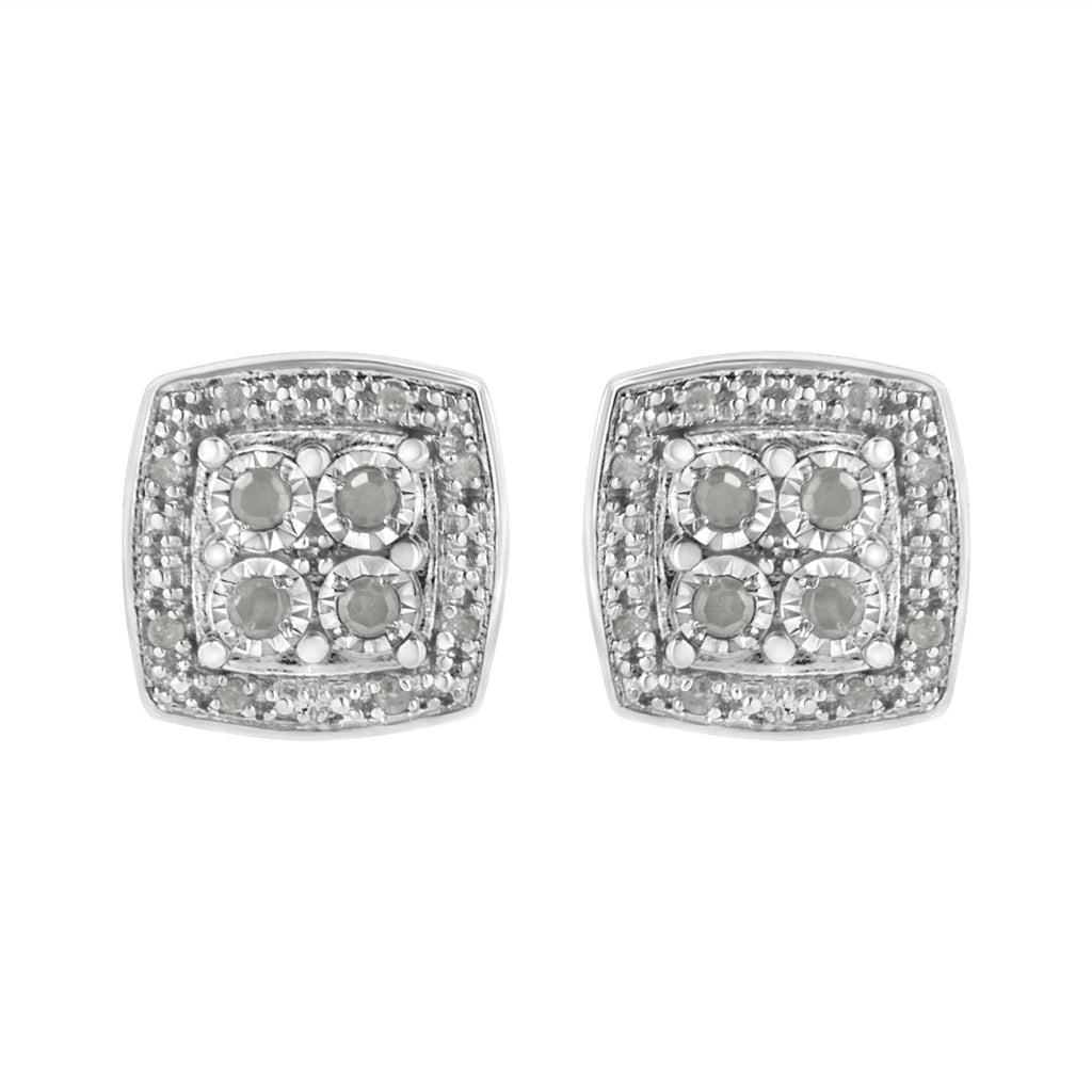 Pair of silver square-shaped earrings with gemstones on a white background