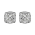 Pair of silver square-shaped earrings with gemstones on a white background