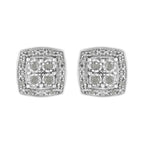 Pair of silver square-shaped earrings with gemstones on a white background