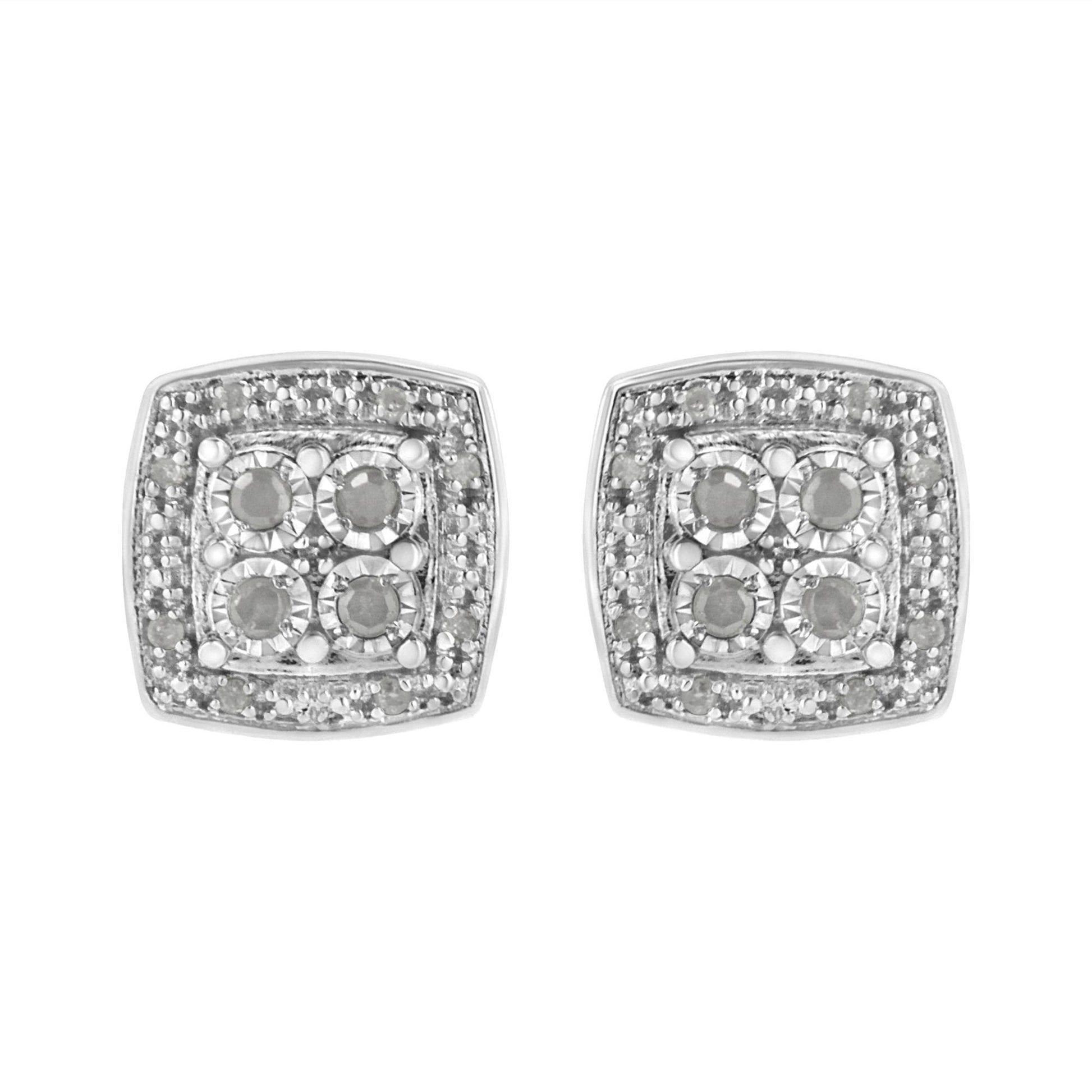 .925 Sterling Silver 1/4 cttw Round Cut Diamond Square Shape Milgrain Stud Earrings (I-J Color, I3 Clarity) - Bijoux-NYC Direct