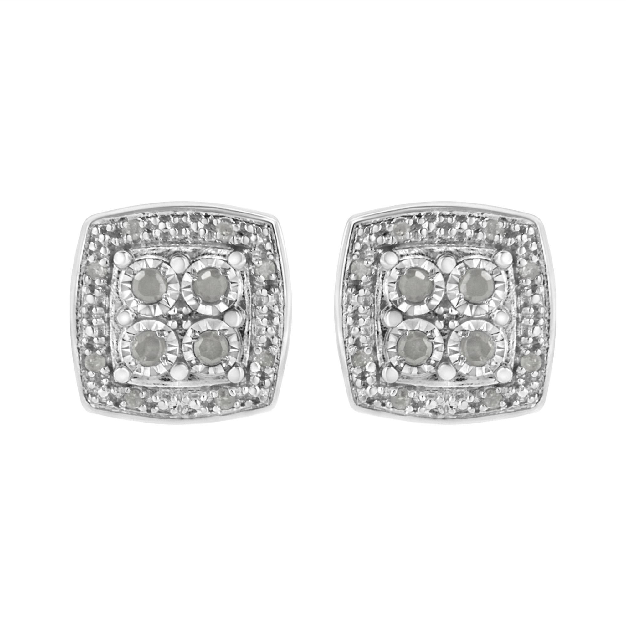 Pair of silver square-shaped earrings with gemstones on a white background