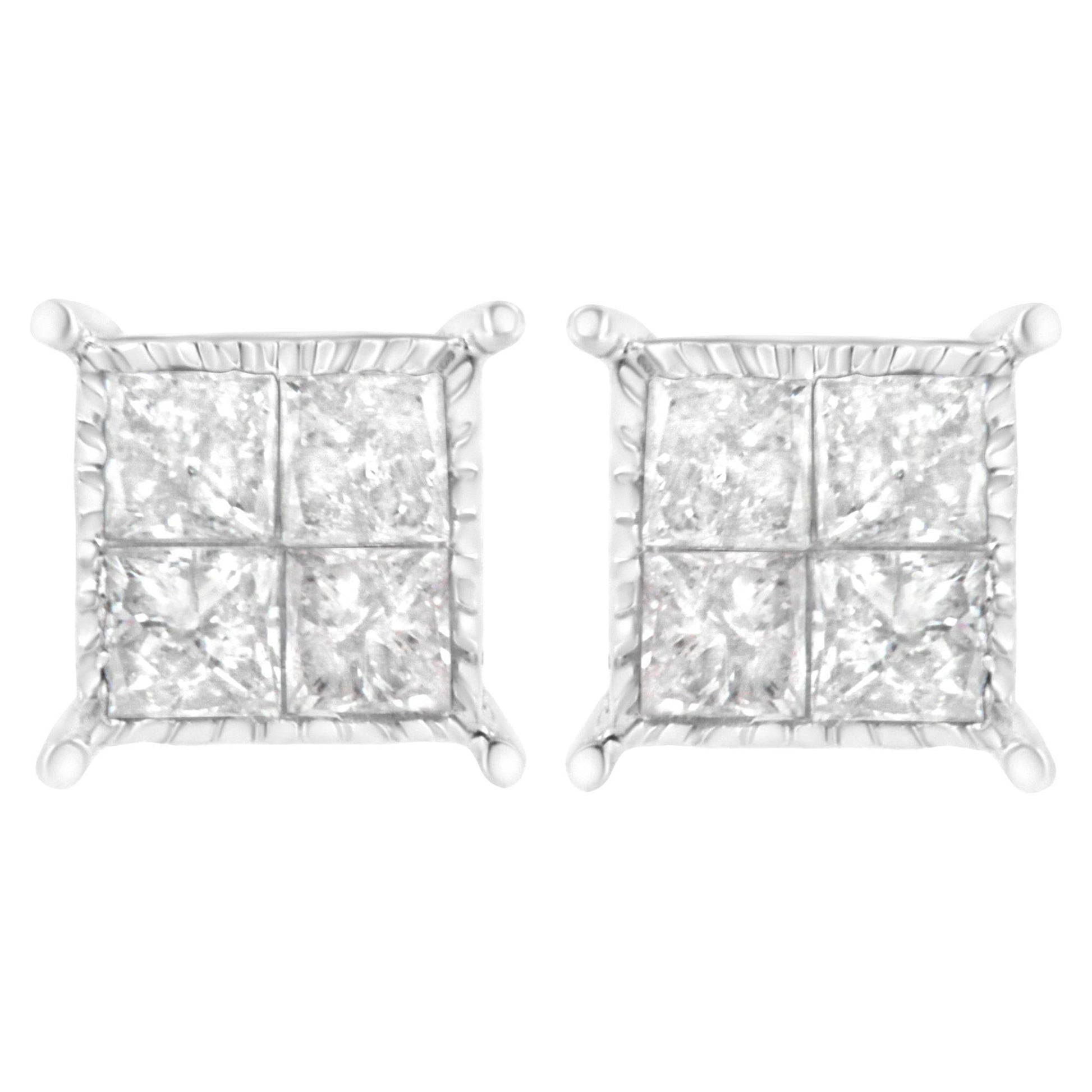 10K White Gold Square Earrings with Princess Cut Diamond (3/4 cttw, I-J Color, I2-I3 Clarity) - Bijoux-NYC Direct