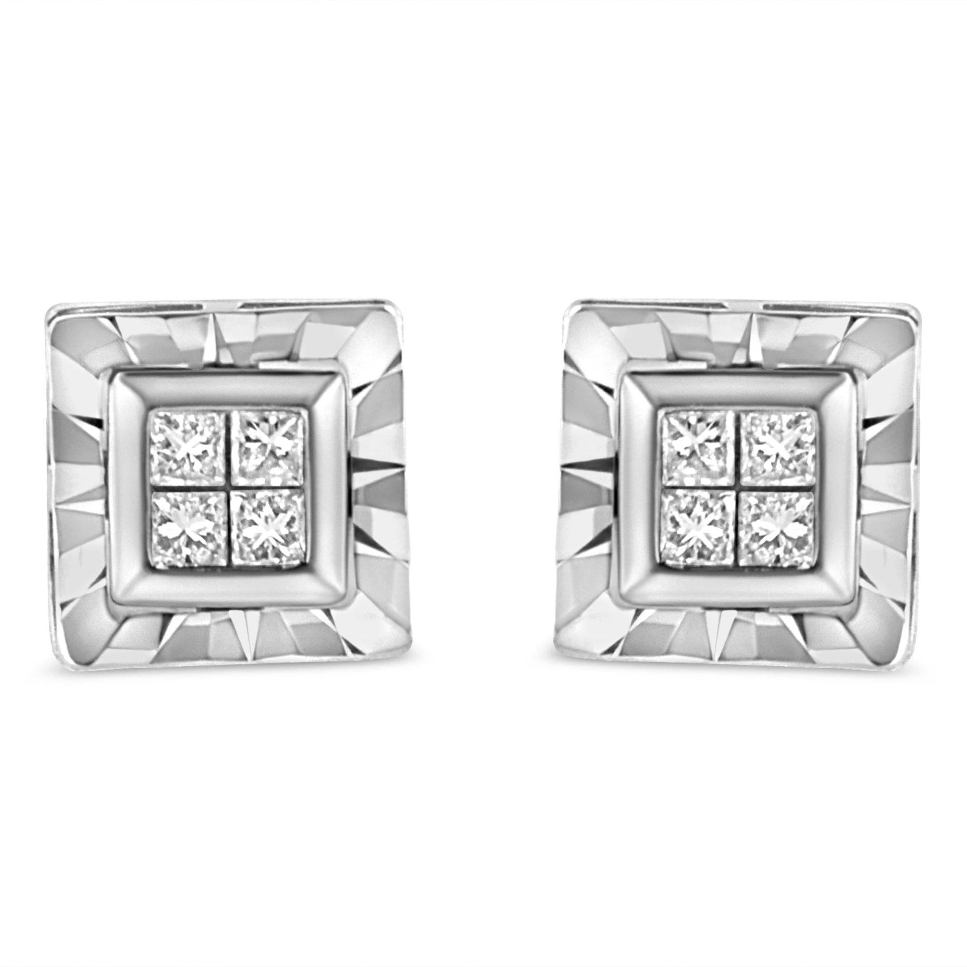 .925 Sterling Silver 1/6 Cttw Invisible Set Princess-Cut Diamond Quad Composite Stud Earrings (H-I Color, I1-I2 Clarity) - Bijoux-NYC Direct