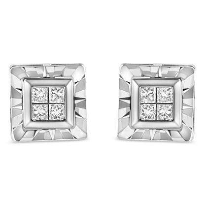 .925 Sterling Silver 1/6 Cttw Invisible Set Princess-Cut Diamond Quad Composite Stud Earrings (H-I Color, I1-I2 Clarity) - Bijoux-NYC Direct