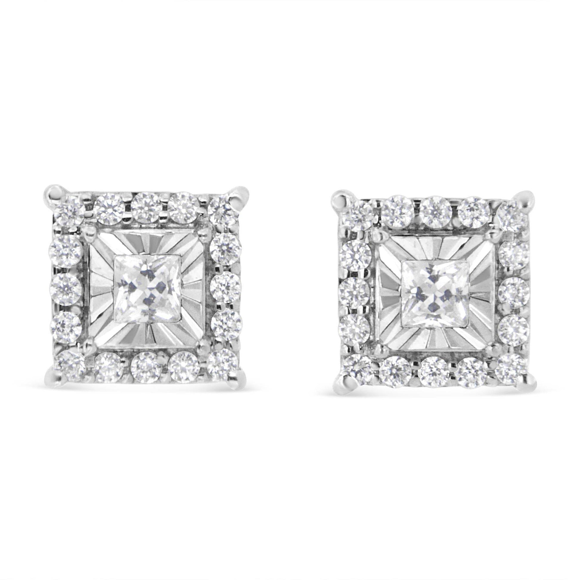 .925 Sterling Silver 1/4 Cttw Princess and Round Cut Diamond Halo Stud Earrings (I-J Color, I2-I3 Clarity) - Bijoux-NYC Direct