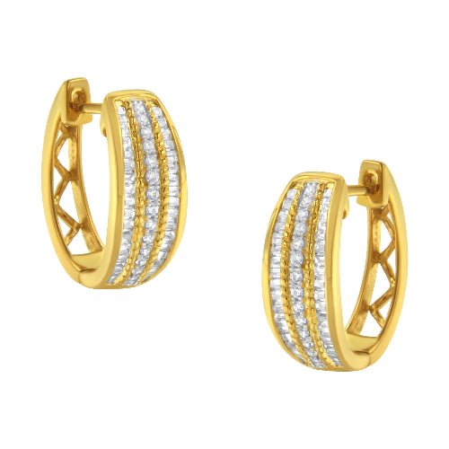 Gold hoop earrings with diamond accents on a white background