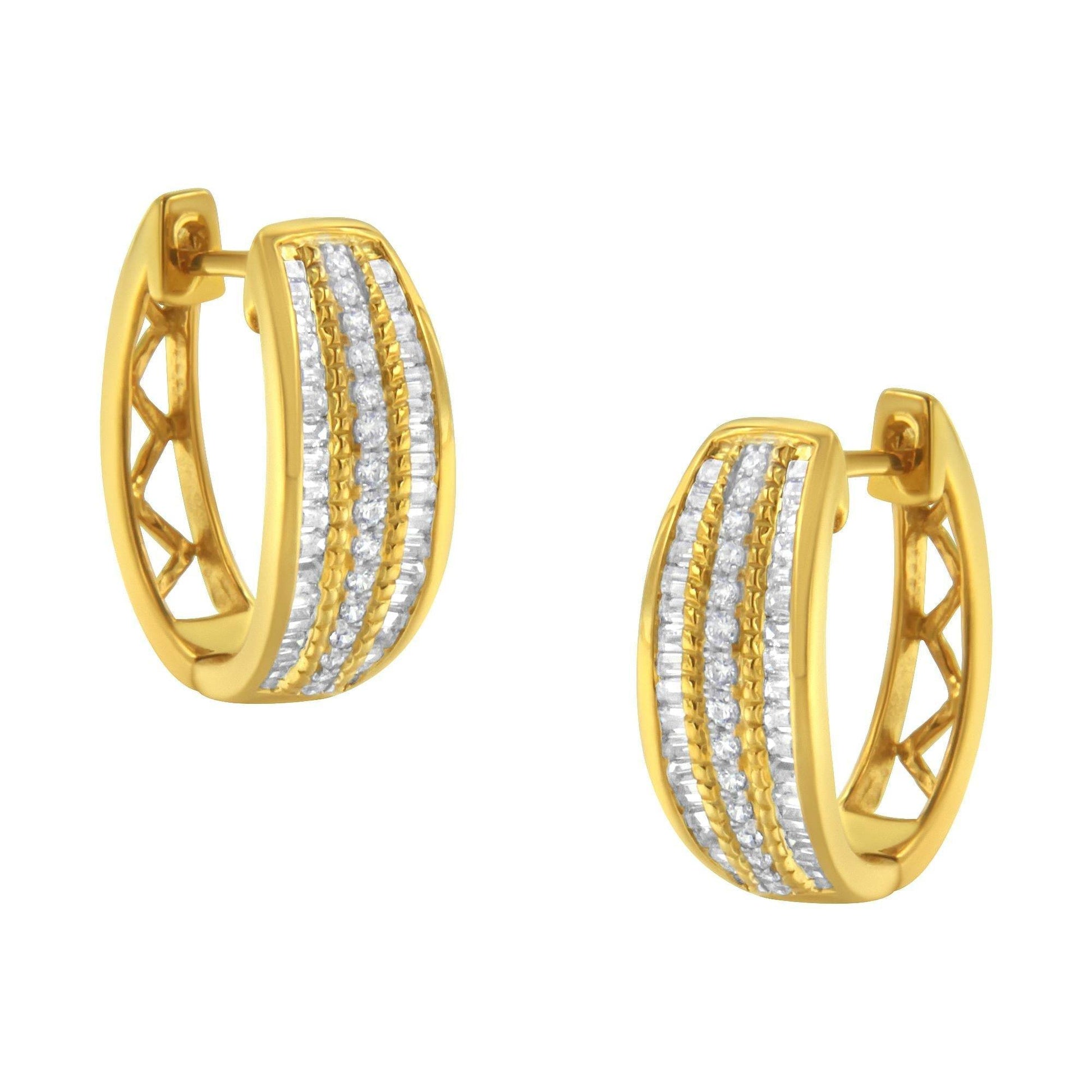 10K Yellow Gold 3/4 Cttw Pave and Channel Set Diamond Triple Row Modern Hoop Earrings (I-J Color, I2-I3 Clarity) - Bijoux-NYC Direct