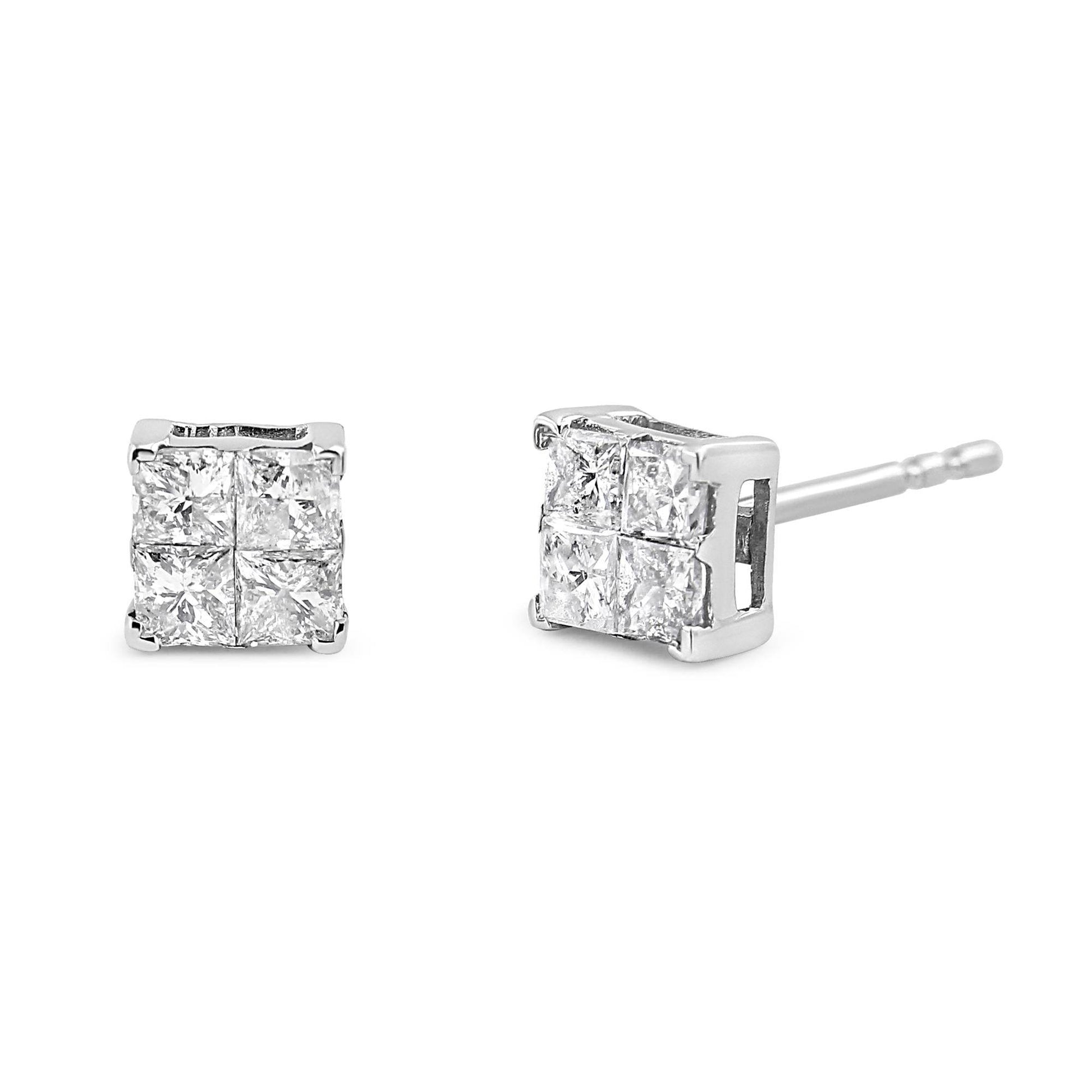 10K White Gold 1.00 cttw Invisible Set Princess-Cut Diamond Composite Square Shape Stud Earrings (G-H Color, I2-I3 Clarity) - Bijoux-NYC Direct