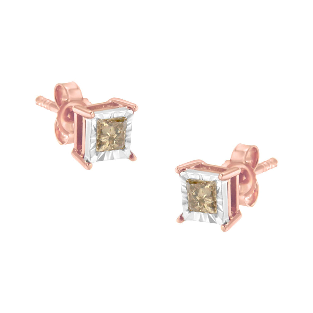 Rose gold square-cut gemstone stud earrings on a white background
