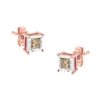 Rose gold square-cut gemstone stud earrings on a white background
