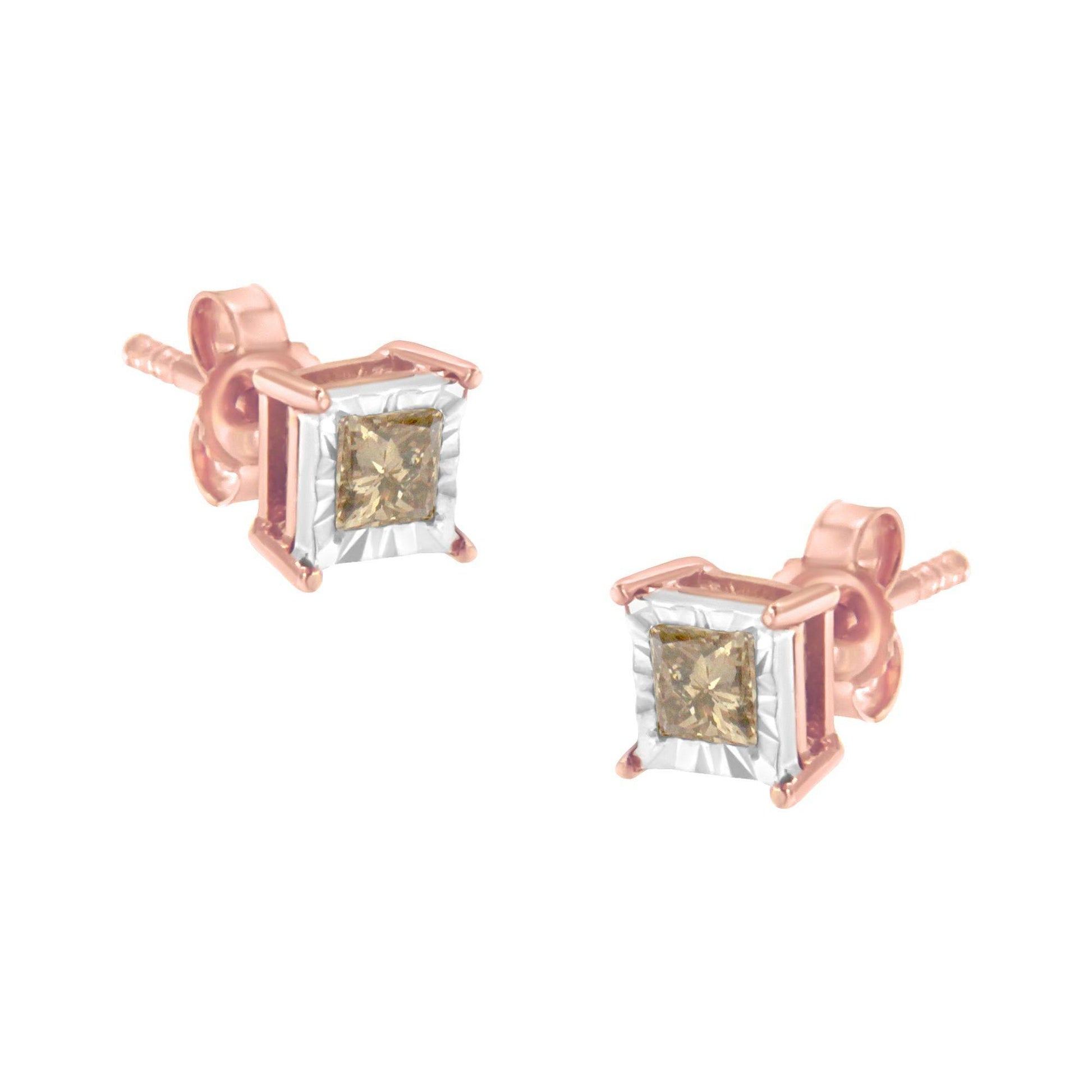 14K Rose Gold Plated Two-Tone .925 Sterling Silver 1/2 Cttw Princess-Cut Square Solitaire Stud Earrings (K-L , I2-I3 ) - Bijoux-NYC Direct