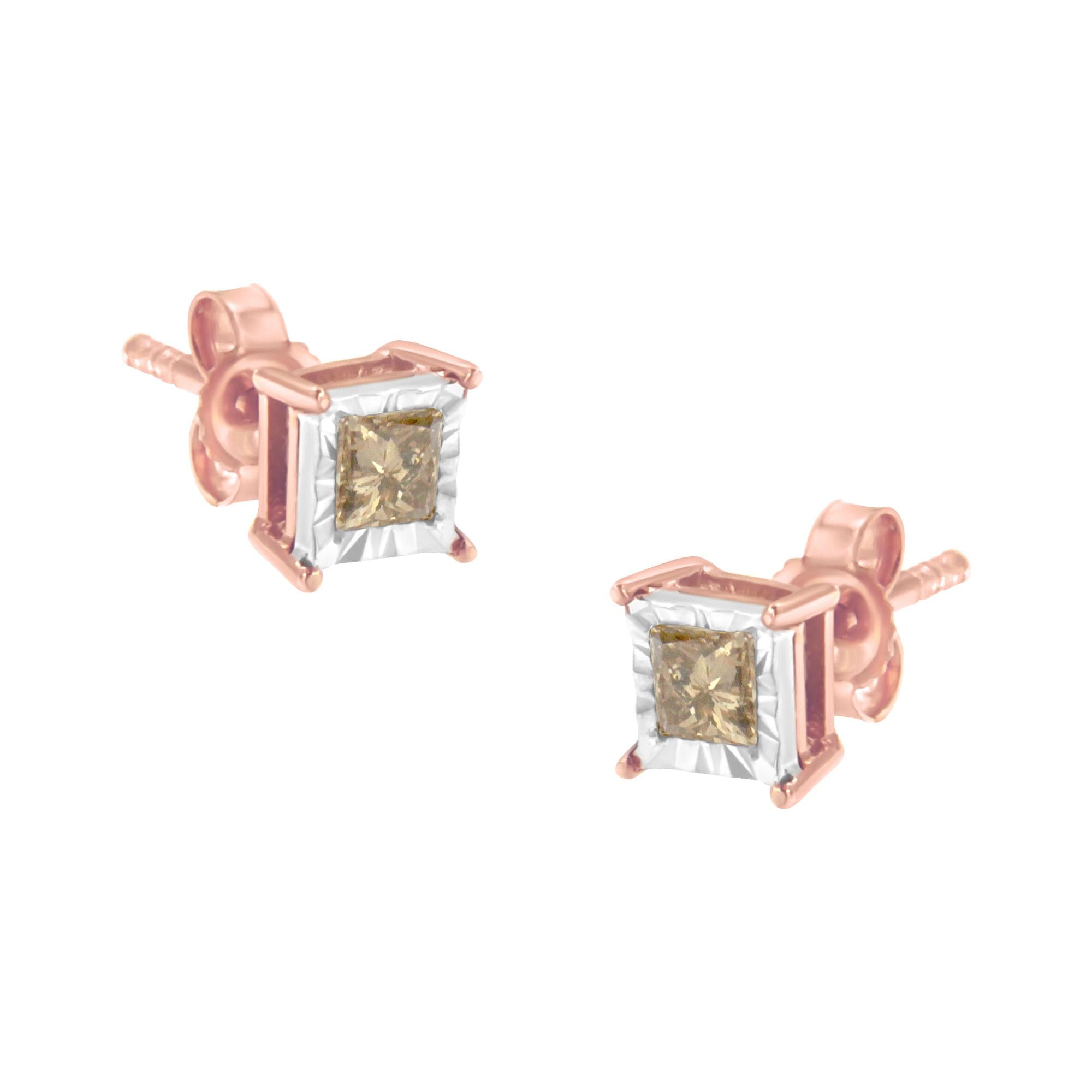 Rose gold square-cut gemstone stud earrings on a white background