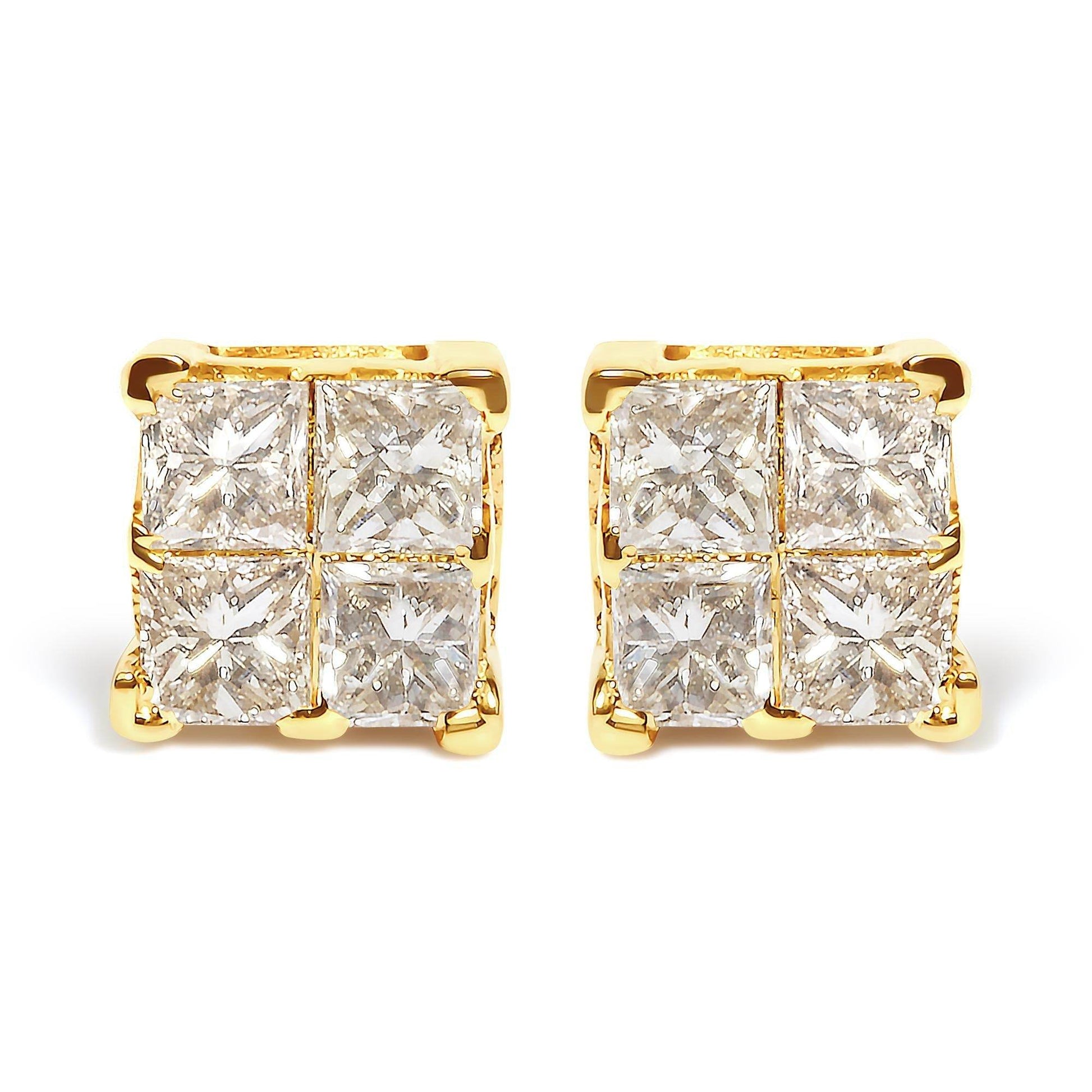 14K Yellow Gold 3/4 Cttw Invisible Set Princess-Cut Diamond 4 Stone Square Stud Earrings (J-K Color, SI2-I1 Clarity) - Bijoux-NYC Direct