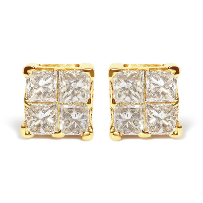 14K Yellow Gold 3/4 Cttw Invisible Set Princess-Cut Diamond 4 Stone Square Stud Earrings (J-K Color, SI2-I1 Clarity) - Bijoux-NYC Direct